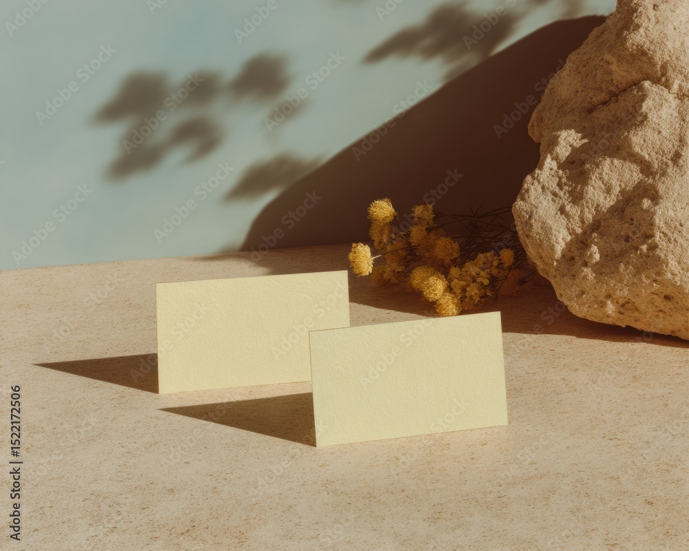 Poster minimalist business cards mockup with soft shadows on neutral textured surface, boho natural aesthet