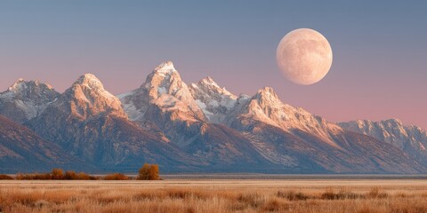 Moonrise Over Majestic Teton Mountains with Snow Caps at Sunset - Wilderness Landscape for Eco Tourism and Nature Preservation Marketing