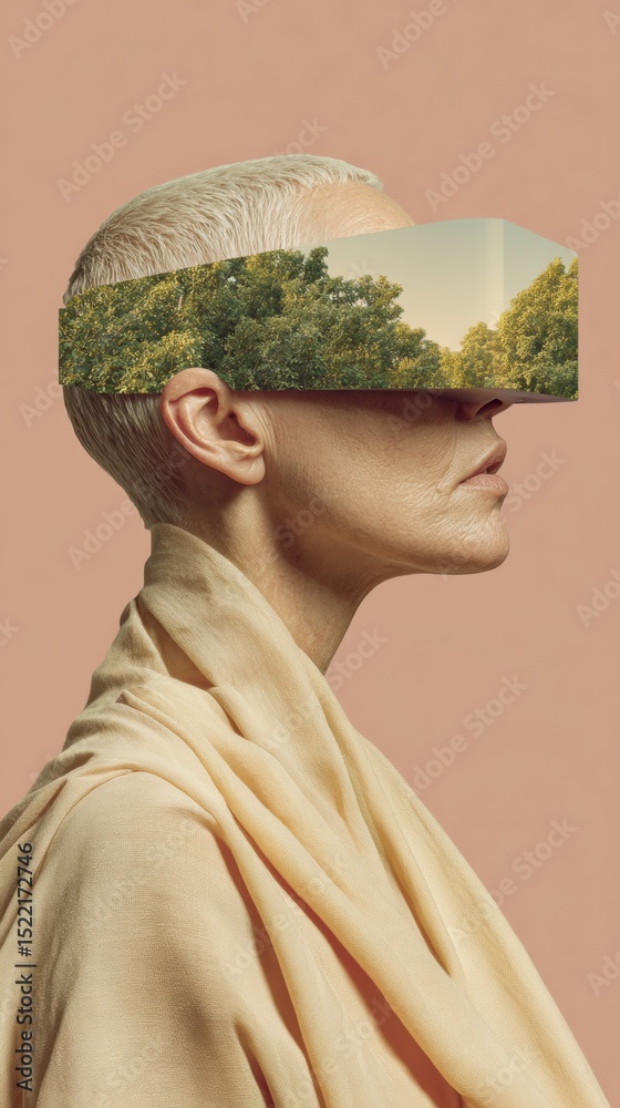Aufkleber futuristic vr headset with forest projection on woman profile symbolizing sustainable digital innova
