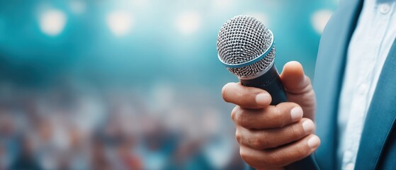 Businessman Holding Microphone on Stage Delivering Inspiring Corporate Speech at Conference with Blurred Audience - Leadership and Communication Trend