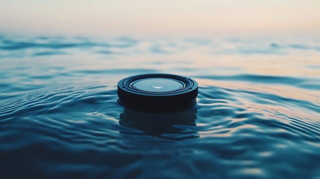 Camera Lens Floating on Calm Blue Water Reflecting a Soft Sunset Sky Background - Powered by Adobe