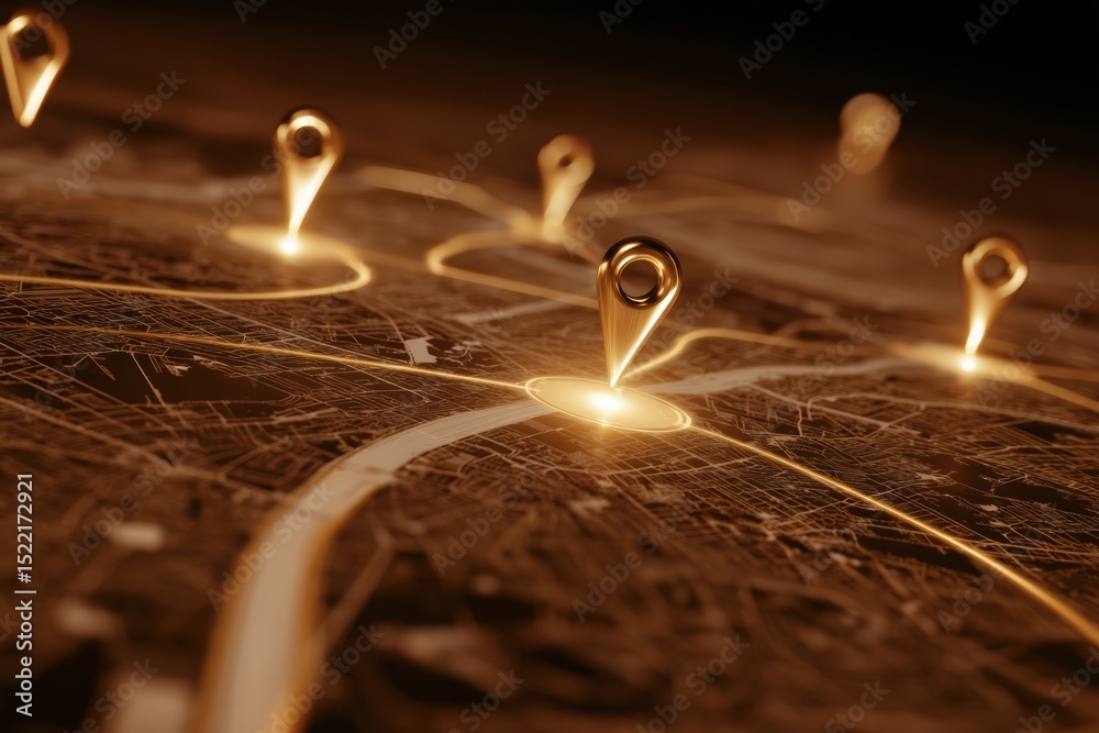 Poster Illuminated Digital City Map with Geospatial Location Markers and Network Lines Highlighting Smart City Infrastructure and Precision Navigation Technology
