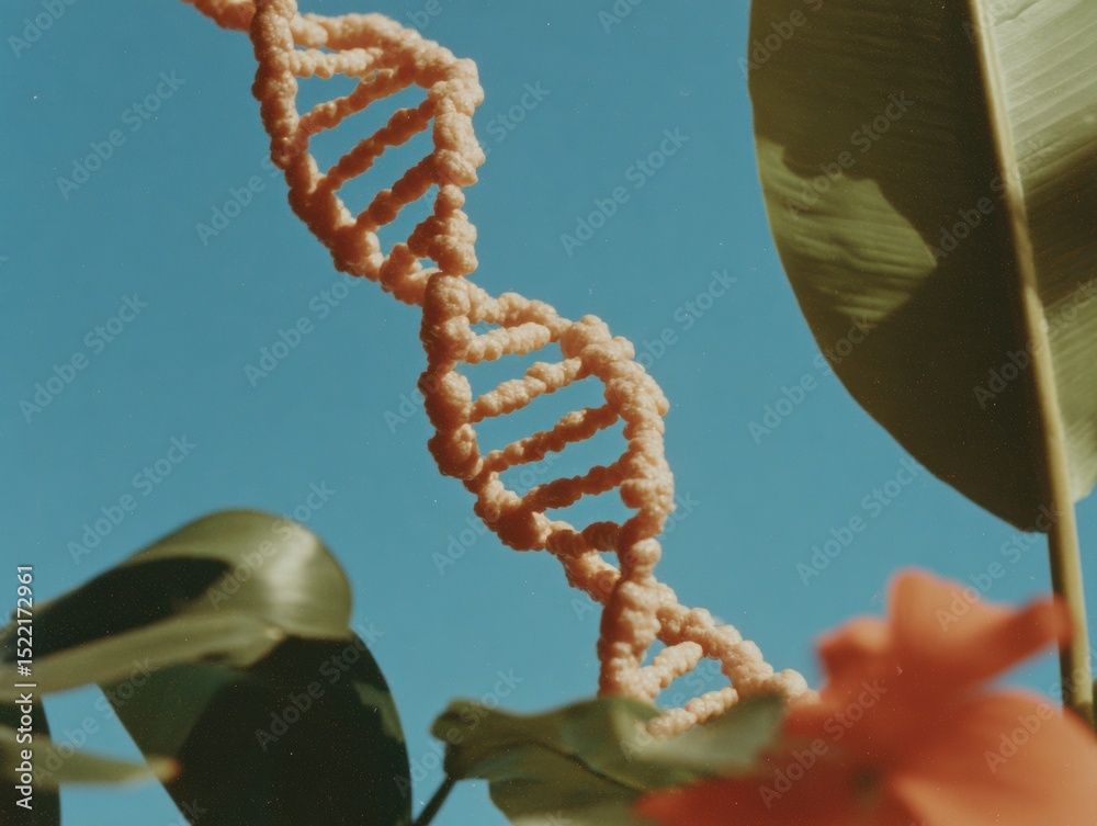 Aufkleber Molecular DNA double helix model with genetic sequence patterns and natural botanical elements - innovative genomic research in biotech and life sciences