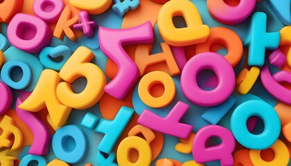 Colorful, 3d letters and numbers create a vibrant pattern.