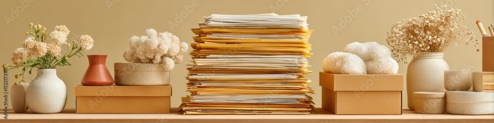 Poster Modern Desk Clutter with Piles of Documents and Cardboard Boxes in a Neutral Office Setting Representing Information Management and Archival Challenges