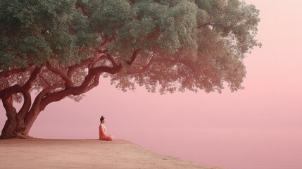 Serene Buddha Purnima Meditation by Ancient Tree at Tranquil Lakeside Dawn for Mindfulness and Wellness Retreat Branding