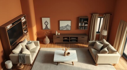 Warm and contemporary living room with earth-toned walls, cozy sofas, and elegant decor