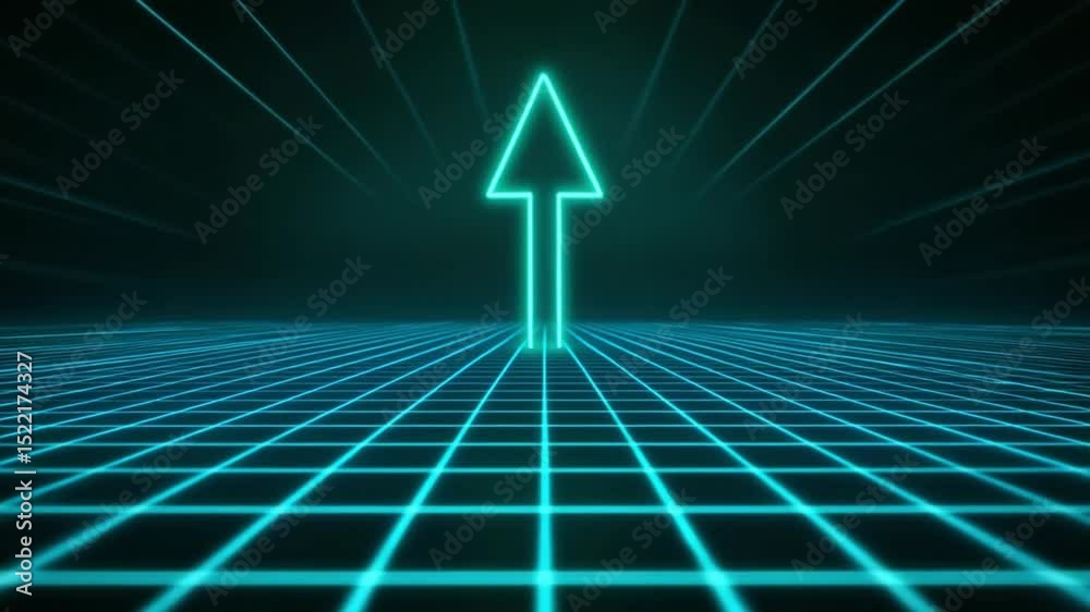 Aufkleber Neon Arrow on Grid: A vibrant neon arrow pierces the grid, symbolizing progress and direction in a futuristic digital landscape, illuminating the path forward.