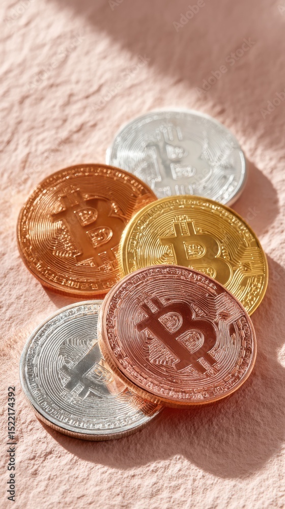 Poster reflective bitcoin coins cluster on textured surface representing digital assets and modern cryptocu