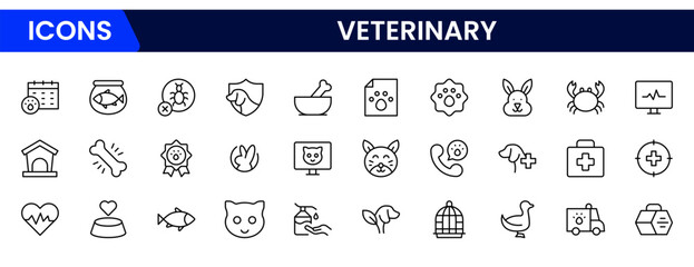 Caring vector web line icons illustrating veterinary tools, pet care, animal health, diagnostics, and compassionate animal wellness services.