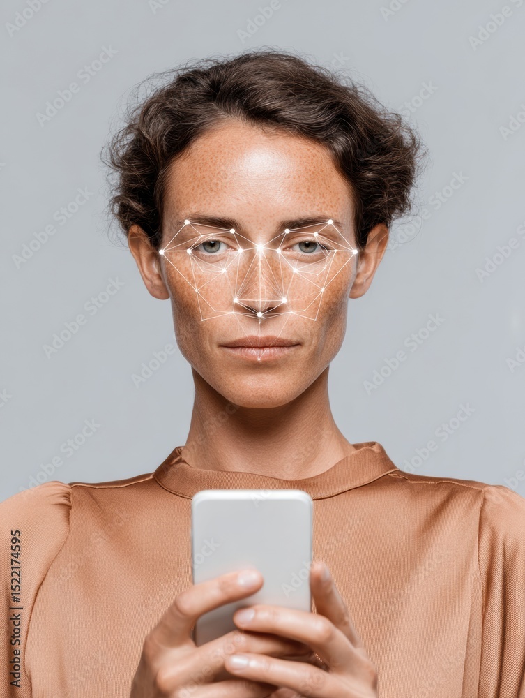 Poster professional woman using facial recognition technology on smartphone, showcasing advanced biometric 