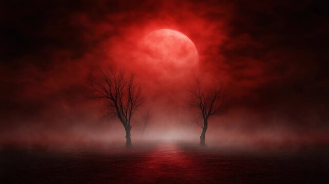 Blood Moon Night: Eerie Landscape Under Crimson Sky
