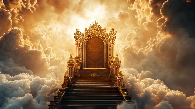 A golden throne ascends amidst celestial clouds, symbolizing power, divinity, and ethereal landscapes, evoking feelings of inspiration, aspiration, and heavenly realms
