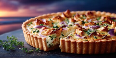 National Quiche Lorraine Day Autumn Celebration Gourmet Mushroom Quiche with Chanterelle on Rustic Wood for Seasonal Harvest and Thanksgiving Marketing