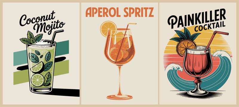Set of retro summer cocktail posters in mid-century modern style featuring Aperol Spritz, Coconut Mojito, and Painkiller. Colorful vintage bar and drink wall art