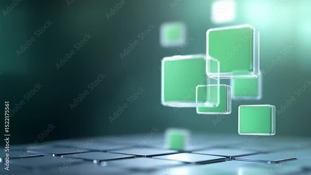 Poster Abstract Data Visualization: A captivating digital representation of interconnected data, depicted through floating green squares, highlighting the power and beauty of data analysis and technology.