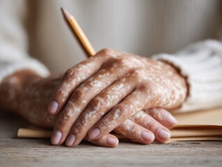 World Autoimmune Arthritis Day Awareness with Womans Vitiligo Hands on Wood - Autumn Wellness and Black Friday Health Campaign Concept