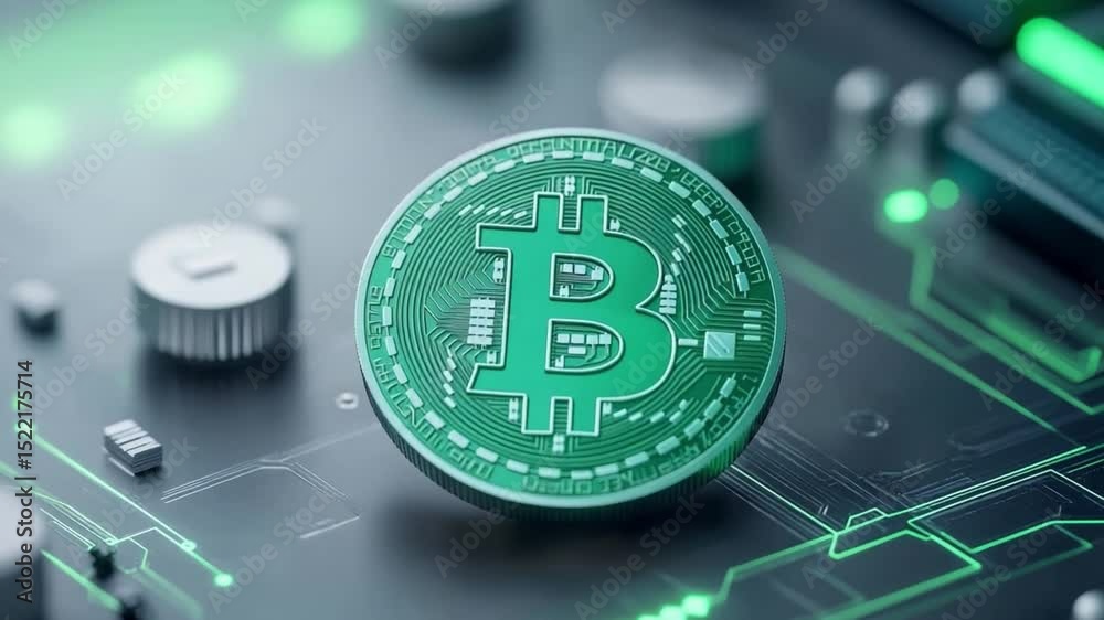Poster cryptocurrency in digital realm: a detailed image of a green bitcoin coin, symbolizing digital finan