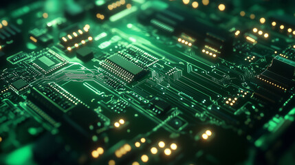 Obraz premium High-Tech Circuit Board Close-Up with Dynamic Lighting and Depth Blur in Green Tones