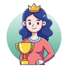 Cute Woman with Crown Holding Trophy – Cartoon Vector Icon Illustration, People and Success Concept Isolated in Flat Style
