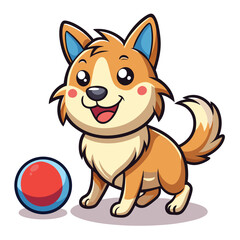Cute Dog Playing Ball – Cartoon Icon Illustration, Puppy Mascot Character in Animal Nature Concept Isolated in Flat Style
