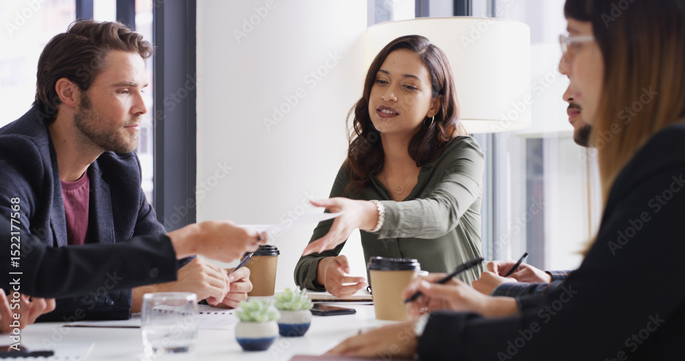 Poster documents, meeting and teamwork with business people in office together for discussion or planning. 