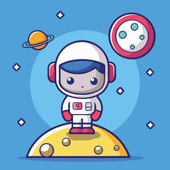Cute Astronaut Thinking on Moon – Flat Cartoon Vector Icon of Science and Technology Concept Isolated
