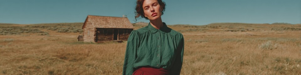 Dare Day Frontier Woman in Authentic Western Attire by Rustic Cabin - Heritage Tourism and Autumn Harvest Festival Marketing for Outdoor Adventure Branding