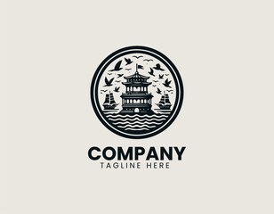 Obraz premium Ancient Ship Crow's Nest Logo - Detailed Scouting Structure with Perched Bird and Waving Flag