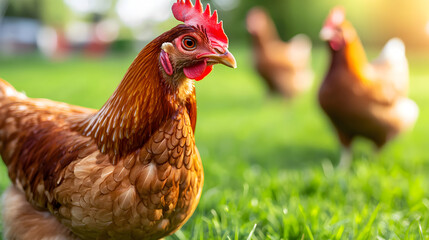 A brown chicken stands on green grass with other chickens blurred in the background in bright sunlight.