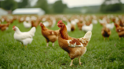 Chickens roam freely on a lush green pasture at a farm, with a blurred countryside background.