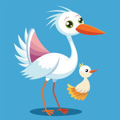 Cute Stork Carrying Baby &ndash; Cartoon Vector Icon Illustration, Animal and People Concept Isolated
