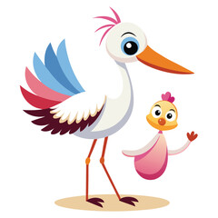 Cute Stork Carrying Baby – Cartoon Vector Icon Illustration, Animal and People Concept Isolated
