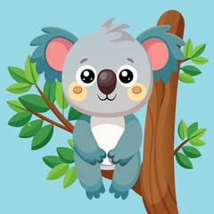 Cute Koala Hanging on Tree – Cartoon Vector Icon Illustration, Animal and Nature Concept Isolated

