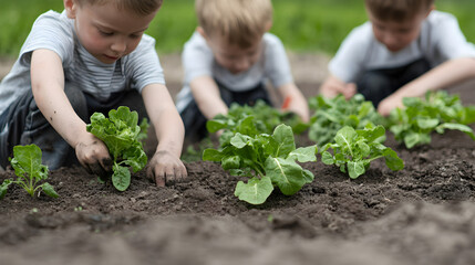Three young children are gardening, planting leafy green vegetables in soil with their hands on a sunny day.
