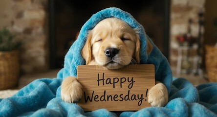 Puppy with Blanket Holding Happy Wednesday Sign