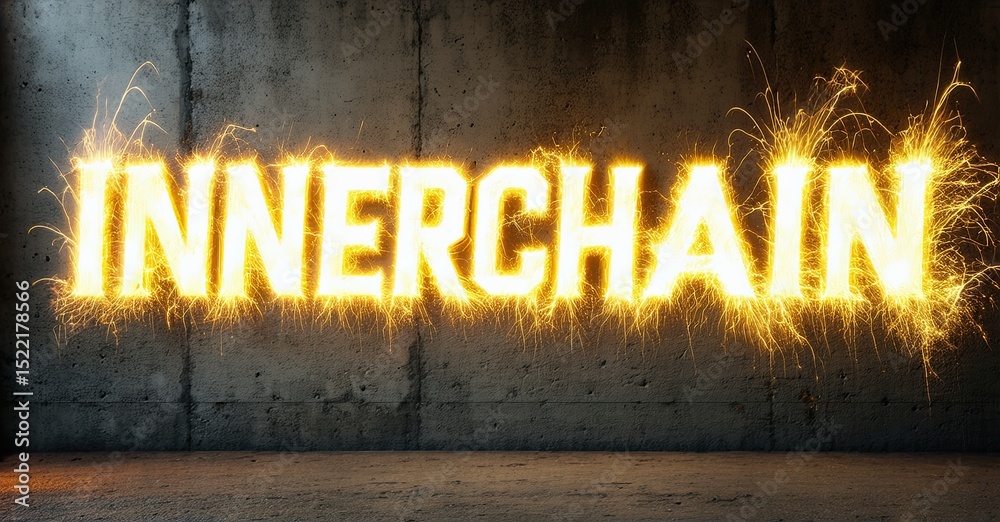 Aufkleber bright text innerchain glows against dark concrete wall. sparks radiate from lettering, creating dra