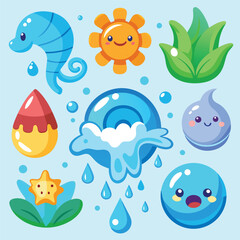 Water Splash Elements Collection – Cute Cartoon Vector Icon Illustration, Nature Object Concept Isolated Flat
