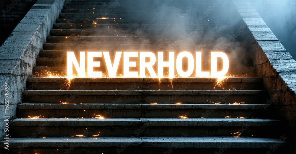 Poster Concrete steps illuminated with bright NEVERHOLD text. Sparks fly from each step, creating dramatic effect. Dark background enhances visual impact.