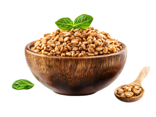 Fresh organic fenugreek seeds in a wooden bowl with green leaves, highlighting healthy dieting and spice ingredients for cooking and herbal remedies
