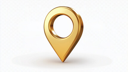 A shiny 3D golden map pin icon on a white background is an elegant business location marker