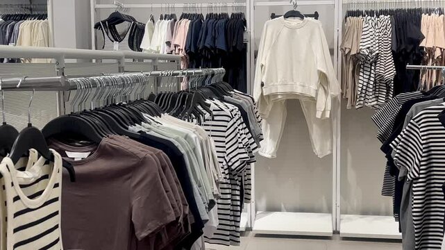 Boutique clothing display showcases patterned womens fashion on wooden racks with coordinated hangers and elegant layout, fast fashion concept, slow motion