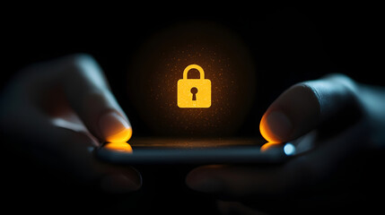 A glowing padlock icon hovers above a smartphone held in two hands, symbolizing digital security and data protection.