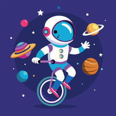 Naklejka premium Cute Astronaut Riding Unicycle with Planets – Cartoon Vector Icon Illustration, People Technology Concept Isolated Flat 
