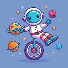 Naklejka premium Cute Astronaut Riding Unicycle with Planets – Cartoon Vector Icon Illustration, People Technology Concept Isolated Flat 