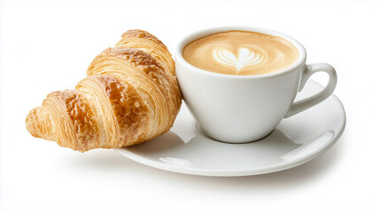 Cup of coffee with a fresh croissant on a plate for breakfast