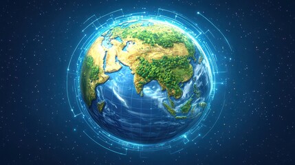 Fototapeta premium A detailed view of Earth, with a glowing digital grid overlay that shows futuristic technology lines and data points around the planet.