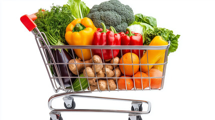Shopping cart filled with fresh vegetables and fruits isolated on a white background