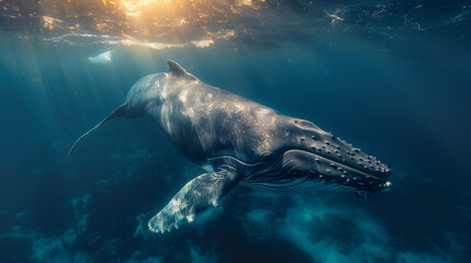 Humpback Whale Swimming Gracefully in Sunlit Ocean Waters Underwater