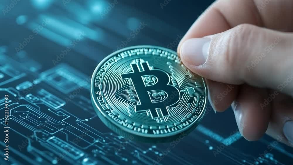 Fototapete bitcoin holding close-up: a detailed macro shot of a hand delicately holding a gleaming bitcoin coin